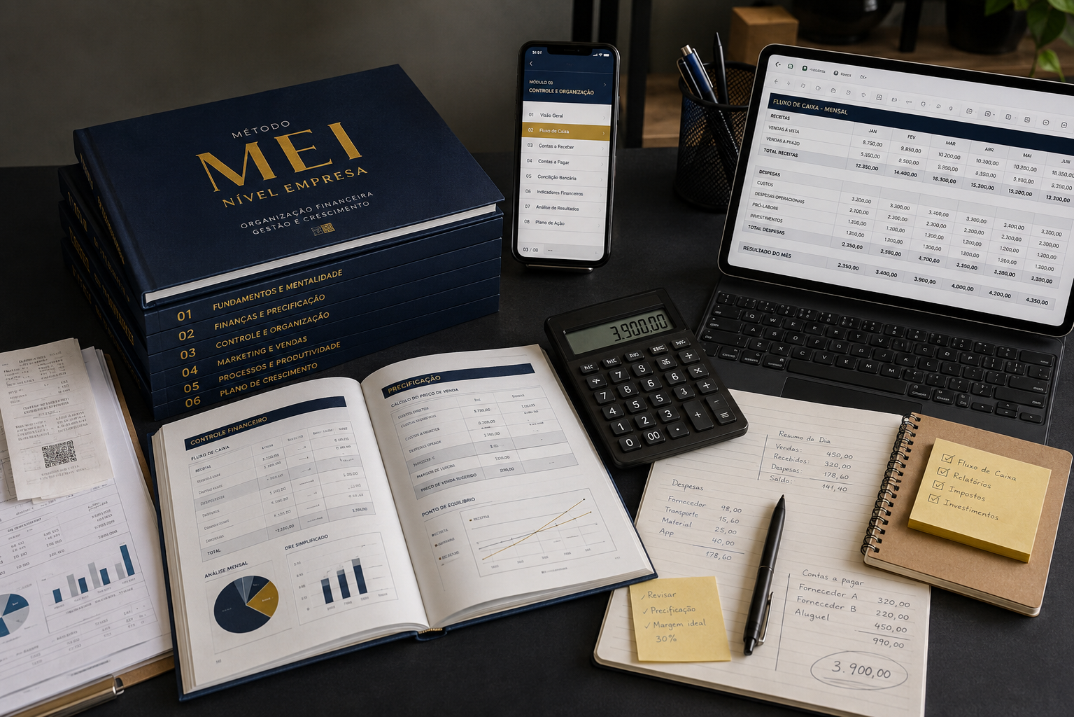 Materiais do Método MEI Nível Empresa em uso, com livros, planilha, celular, calculadora e anotações do negócio